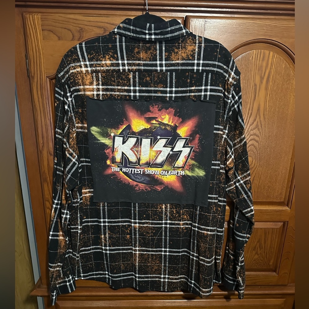 KISS upcycled bleached flannel tee One of a Kind
